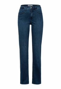 Dunkelblaue Jeans mit geradem Schnitt, Fünf-Taschen-Design und Knopfverschluss an der Taille. Glatte Textur und keine sichtbaren Verzierungen.