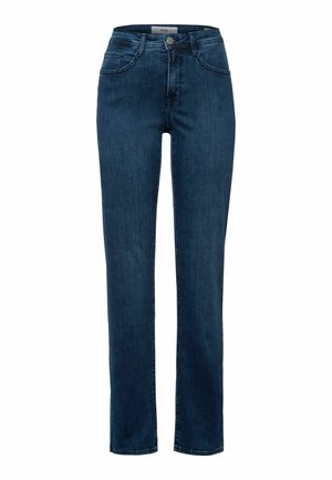 Dunkelblaue Jeans mit geradem Schnitt, Fünf-Taschen-Design und Knopfverschluss an der Taille. Glatte Textur und keine sichtbaren Verzierungen.