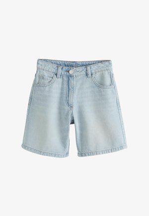 Svetlo modri denim kratke hlače s petimi žepi, z zadrgo in gumbom za zapiranje. Imajo šivane detajle vzdolž robov in šivov.