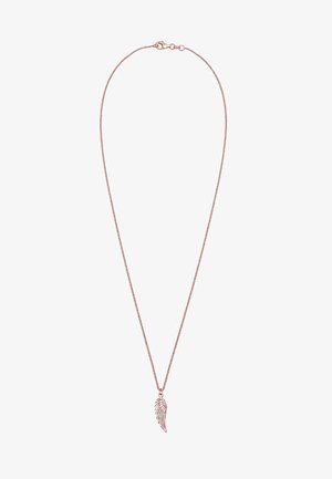 Roségoldene Halskette mit einer schlanken Kette und einem flügelähnlichen Anhänger. Der Anhänger verfügt über eine detaillierte Federgravur.