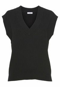 Černá bezrukávová pletená vesta se V-výstřihem a ribbovanou texturou.
