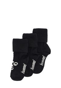 Schwarze Baumwollsocken, drei Paare, mit geripptem Bund und Logo in Weiß. Das Design umfasst eine enge Passform und verstärkte Zehen.