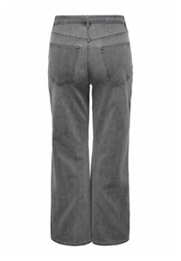 Pilki džinsiniai plačių kojų kelnių su aukštu liemeniu, turintys dvi užpakalines kišenes ir švarų, nepuošti dizainą.