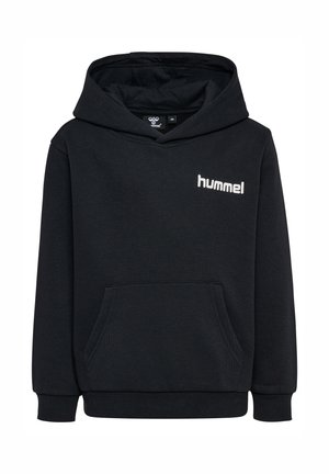 Kapuzensweatshirt aus schwarzem Baumwollmischgewebe mit einer vorderen Tasche, weißem "hummel"-Logo, gerippten Bündchen und Saum. Glatte Textur, lässiges Design.