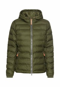Olive green puffer jacket with a hood, zip front, and side pockets. Features horizontal quilted pattern and leather accents on zippers.