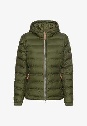 Olivgrüne Pufferjacke mit Kapuze, Reißverschluss und seitlichen Taschen. Verfügt über ein horizontales Steppmuster und Lederakzente an den Reißverschlüssen.