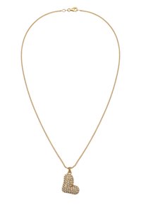 Guldkedja med ett texturerat hjärtanhänge prytt med klara rhinestones. Anhänget har en polerad yta.