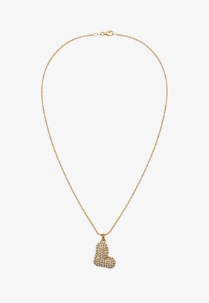 Goldkette mit einem texturierten Herzanhänger, der mit klaren Strasssteinen verziert ist. Der Anhänger hat eine polierte Oberfläche.