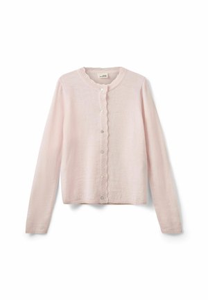 Ljusrosa cardigan i mjukt material, med en vågig halsringning, långa ärmar och fem knappar fram.