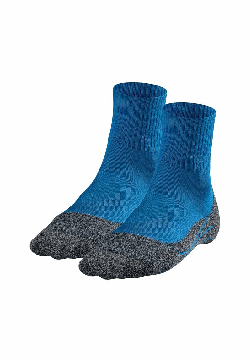 Par de calcetines azules hasta la mitad de la pantorrilla con punteras y talones reforzados en gris oscuro, diseñados para la comodidad y la durabilidad.