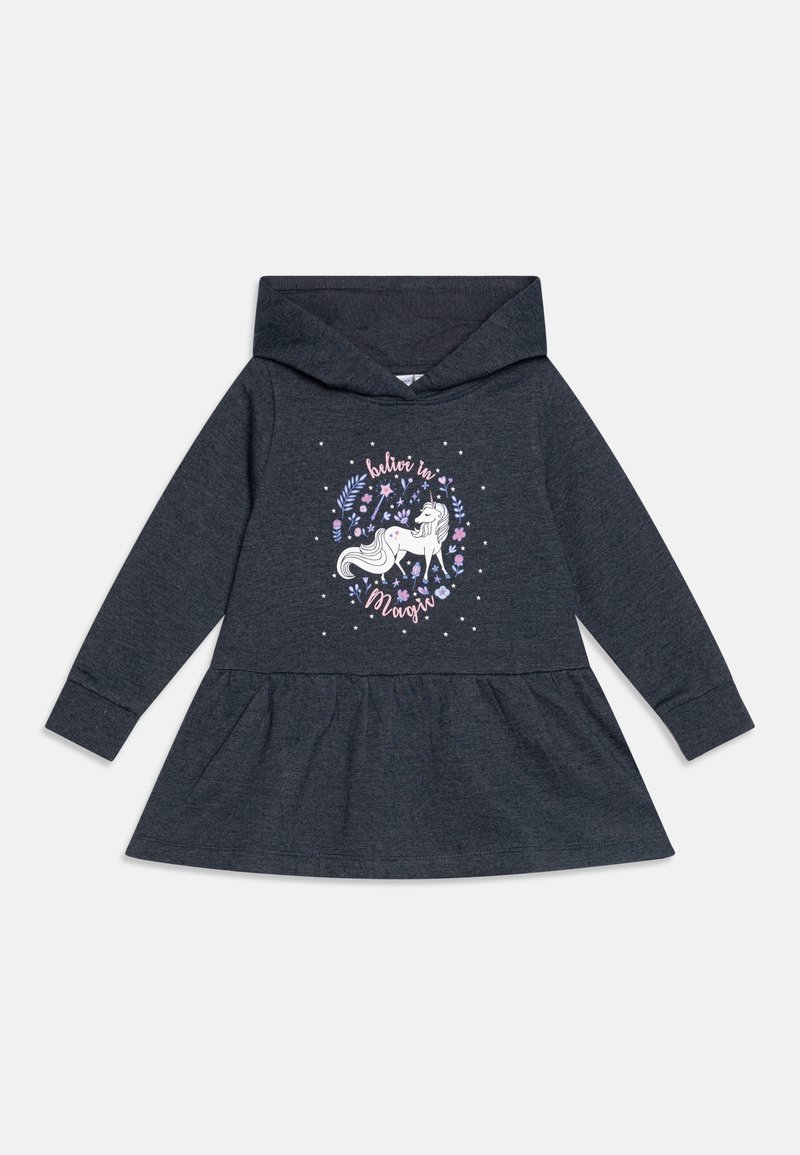 Robe à capuche gris foncé avec manches longues, taille froncée, et un licorne blanche entourée d'étoiles et de fleurs avec le texte "croire en la magie".