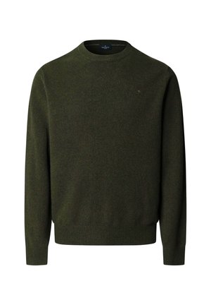 Grøn uldtrøje med rund hals, lange ærmer, ribstrikkede manchetter og kant, samt et lille logo på brystet. Glat tekstur.