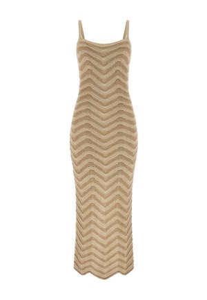 Dzianinowa sukienka midi w beżowym kolorze z wzorem w jodełkę, z cienkimi ramiączkami i dopasowanym krojem. Teksturowana tkanina z otwartym splotem.