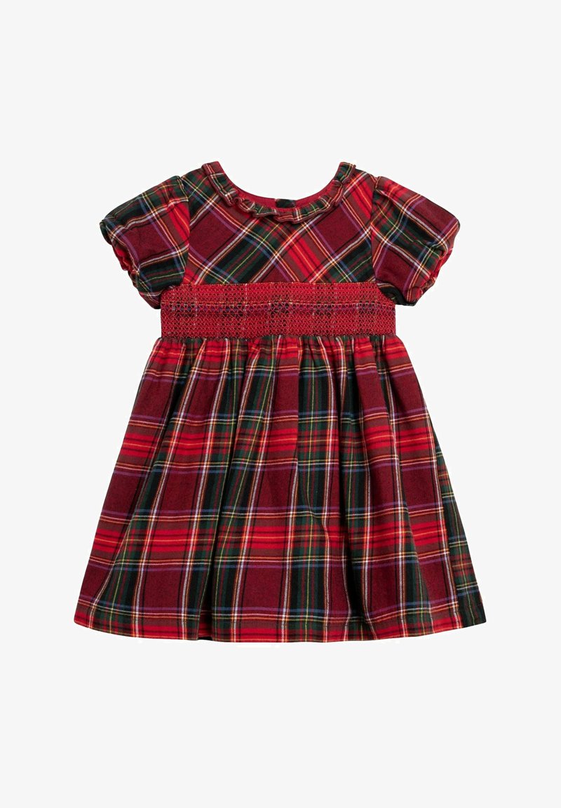 Rotes karierter Kleid mit kurzen Puffärmel, gerüschtem Taillenbereich und einem schwingenden Rock. Enthält verschiedene Rottöne, grüne und gelbe Streifen.