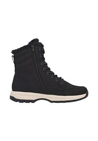 Schwarze Winterstiefel mit einem mit Fell gefütterten Schaft, Reißverschluss, schnürbarem Design und einem strukturierten schwarzen Obermaterial. Mit einer kontrastierenden cremefarbenen Sohle.