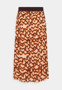 Falda midi plisada con un diseño estampado en naranja, negro y crema, con una cintura oscura y tela texturizada.