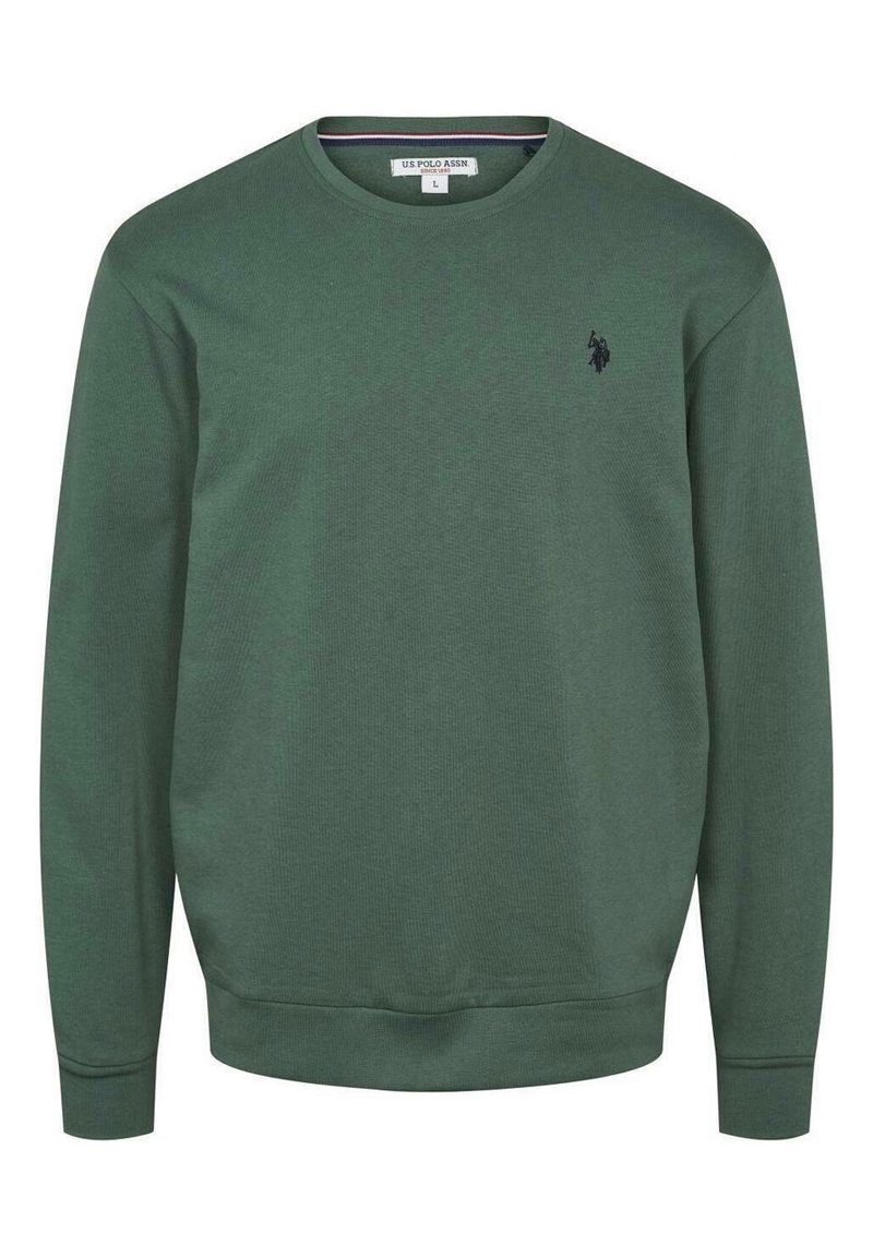 Vihreä puuvillainen collegepaita, jossa on resorikuvio, pyöreä pääntie, pitkät hihat ja kirjailtu logo rinnassa. Yksinkertainen design.