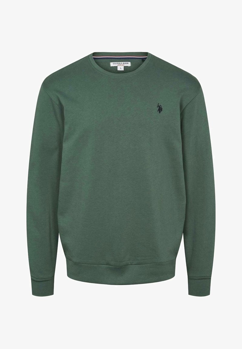 Vihreä puuvillainen collegepaita, jossa on resorikuvio, pyöreä pääntie, pitkät hihat ja kirjailtu logo rinnassa. Yksinkertainen design.