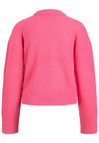 Pink ribbed sweater with a round neckline and long sleeves, featuring a loose fit and textured fabric for added warmth.