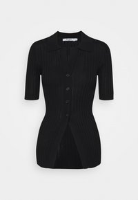 Svart ribbad cardigan med en figurnära design, korta ärmar, krage och fem framtida knappar; har sidslitsar för extra stil.