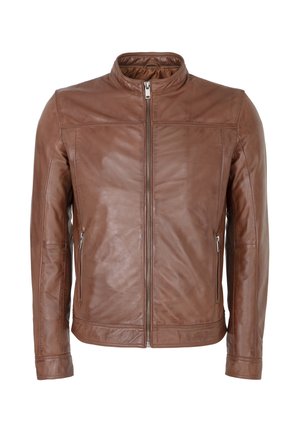 Braune Lederjacke mit Stehkragen, vorderem Reißverschluss, zwei Seitentaschen und glatter Textur. Verfügt über Nahtdetails an den Schultern.