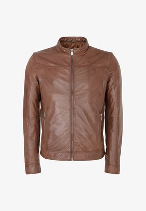 Bruine leren jas met staande kraag, ritssluiting aan de voorkant, twee zijzakken en een gladde textuur. Heeft stikseldetails op de schouders.