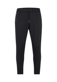 Zwarte jogpants van rekbare stof, met een drawstring tailleband en twee zijzakken met rits voor veilige opslag.