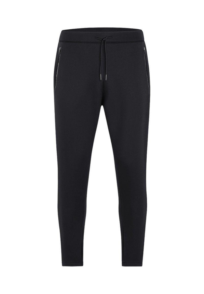 Zwarte jogpants van rekbare stof, met een drawstring tailleband en twee zijzakken met rits voor veilige opslag.