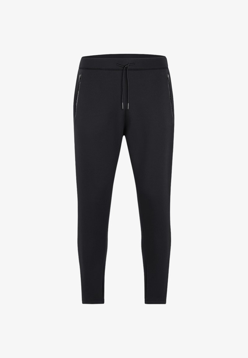 Zwarte jogpants van rekbare stof, met een drawstring tailleband en twee zijzakken met rits voor veilige opslag.