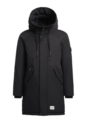 Černá parka s polstrovanou kapucí, zipem vpředu, stahovacími šňůrkami, dvěma bočními kapsami a logem na lemu. Hladký, voděodolný materiál.