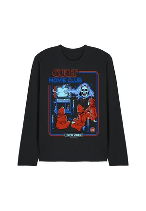 Black long-sleeve shirt with red text "CULT MOVIE CLUB" and an illustration of three hooded figures watching a horror TV scene with a skull-faced ghost.
