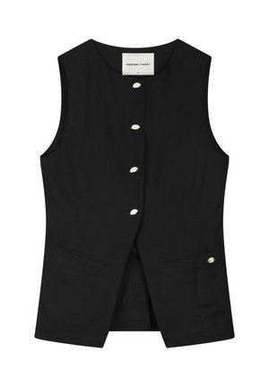 Black sleeveless blazer vest with five off-white buttons down front and two front pockets, labeled Fabienne Chapot.