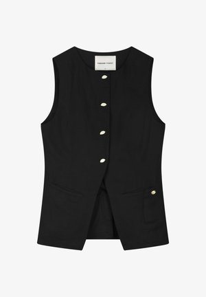 Zwart mouwloos blazer-vest met vijf crèmekleurige knopen aan de voorkant en twee steekzakken, gelabeld Fabienne Chapot.