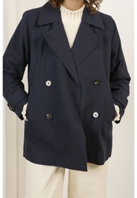Mørkeblå dobbeltradet trenchcoat med store sorte knapper, klapkrave og forlommer; struktureret stof med en afslappet pasform.