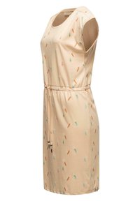 Helles beige Baumwollkleid mit kurzen Ärmeln, Kordelzug in der Taille und einem bunten Federdesign. Rundhalsausschnitt, knielang.
