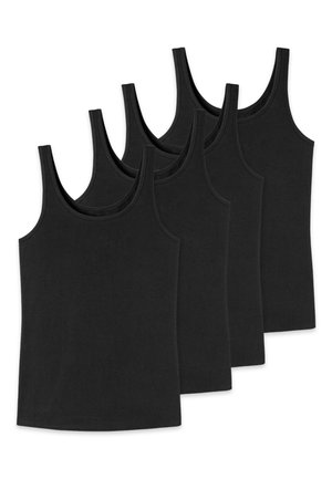 Four black tank tops made of soft cotton, featuring wide shoulder straps and a smooth texture with a straight hemline.