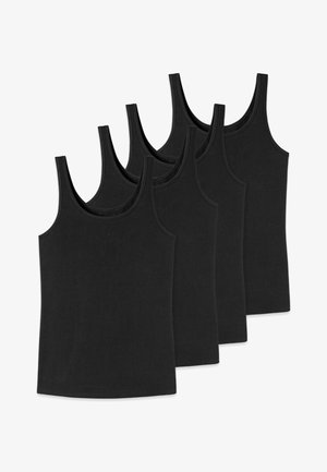 Vier schwarze Tanktops aus weicher Baumwolle, mit breiten Trägern und einer glatten Textur sowie einem geraden Saum.