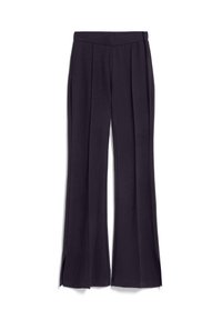 Donkerpaarse, wijde broek met een zachte textuur, voorzien van voorplooien en zijsplitten aan de zoom. Geen zichtbare zakken of hardware.