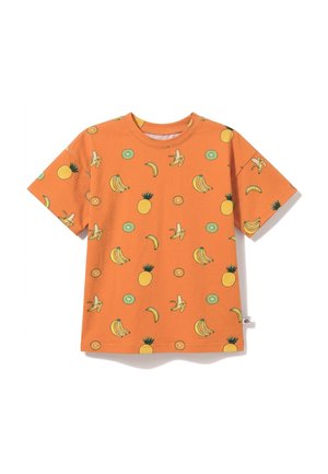 Pomarańczowy t-shirt z krótkim rękawem z wzorem bananów, ananasów, plasterków kiwi i plasterków pomarańczowych owoców cytrusowych.