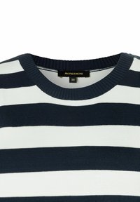 Striped knit sweater featuring alternating navy blue and white stripes, round ribbed neckline, and tag displaying "MORE&MORE" with size 36.