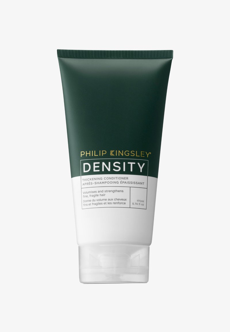 Grüne und weiße Tube von Philip Kingsley Density Thickening Conditioner, mit Flip-Deckel und Text, der die Eigenschaften beschreibt. Inhalt: 170 ml.