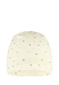 Cream beanie hat with small gray, pink, and silver star patterns, made from soft fabric; rounded crown and folded cuff at the hem.