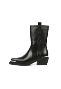 Black leather ankle boots with a rounded toe, square heel, and embossed branding on the side. Features a metallic accent on the toe.