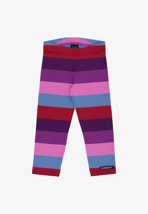 Cotton leggings featuring vibrant horizontal stripes in red, pink, purple, and blue, with a logo tag on the lower left leg.