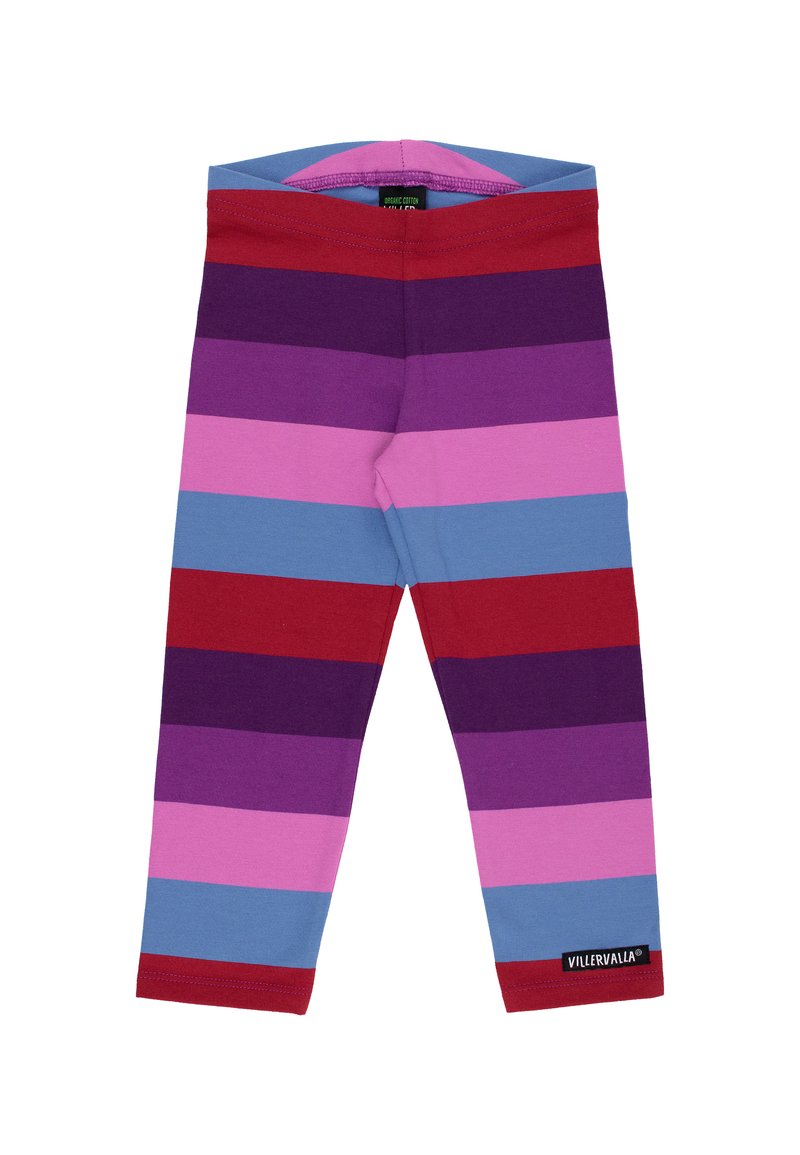 Baumwoll-Leggings mit lebendigen horizontalen Streifen in Rot, Pink, Lila und Blau, mit einem Logotag am unteren linken Bein.