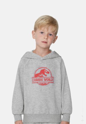 Sweatshirt gris avec capuche, arborant un logo rouge "Jurassic World" et un graphique de dinosaure. Fabriqué à partir de matériau doux avec des poignets côtelés.