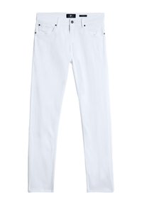Jean en denim blanc avec une coupe droite. Comprend cinq poches, des éléments en métal et de subtils détails de couture. Texture douce.