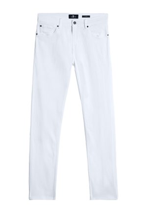 Jeans in denim bianco con design a gamba dritta. Presentano cinque tasche, accessori in metallo e dettagli di cucitura discreti. Texture morbida.