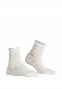 Witte enkel sokken met een ademend gaaspatroon, ribbelmanchetten en versterkte teenvol. Gemaakt van zachte, rekbare stof voor comfort.