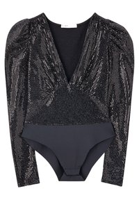 Body noir à manches longues avec décolleté en V profond, épaules bouffantes et tissu pailleté sur la moitié supérieure, tissu lisse sur la moitié inférieure.